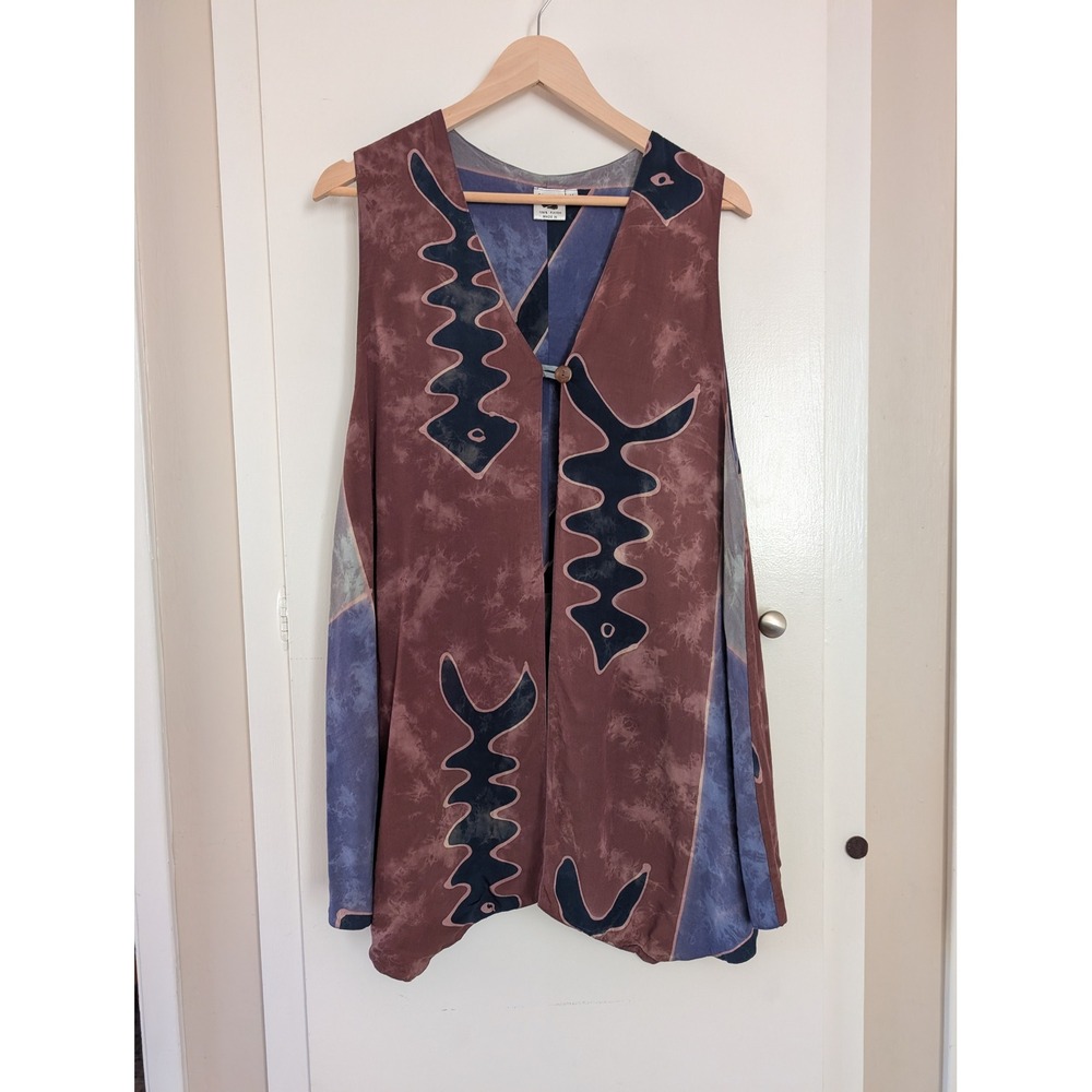 Las Manos Women M Batik Abstract Vest Tunic Lagenlook Hippie Boho Artsy Eclectic